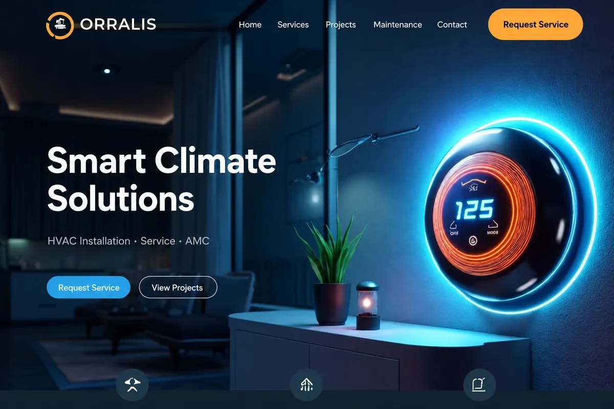 Website design concept for an HVAC and climate control company — dark interior with neon blue accents