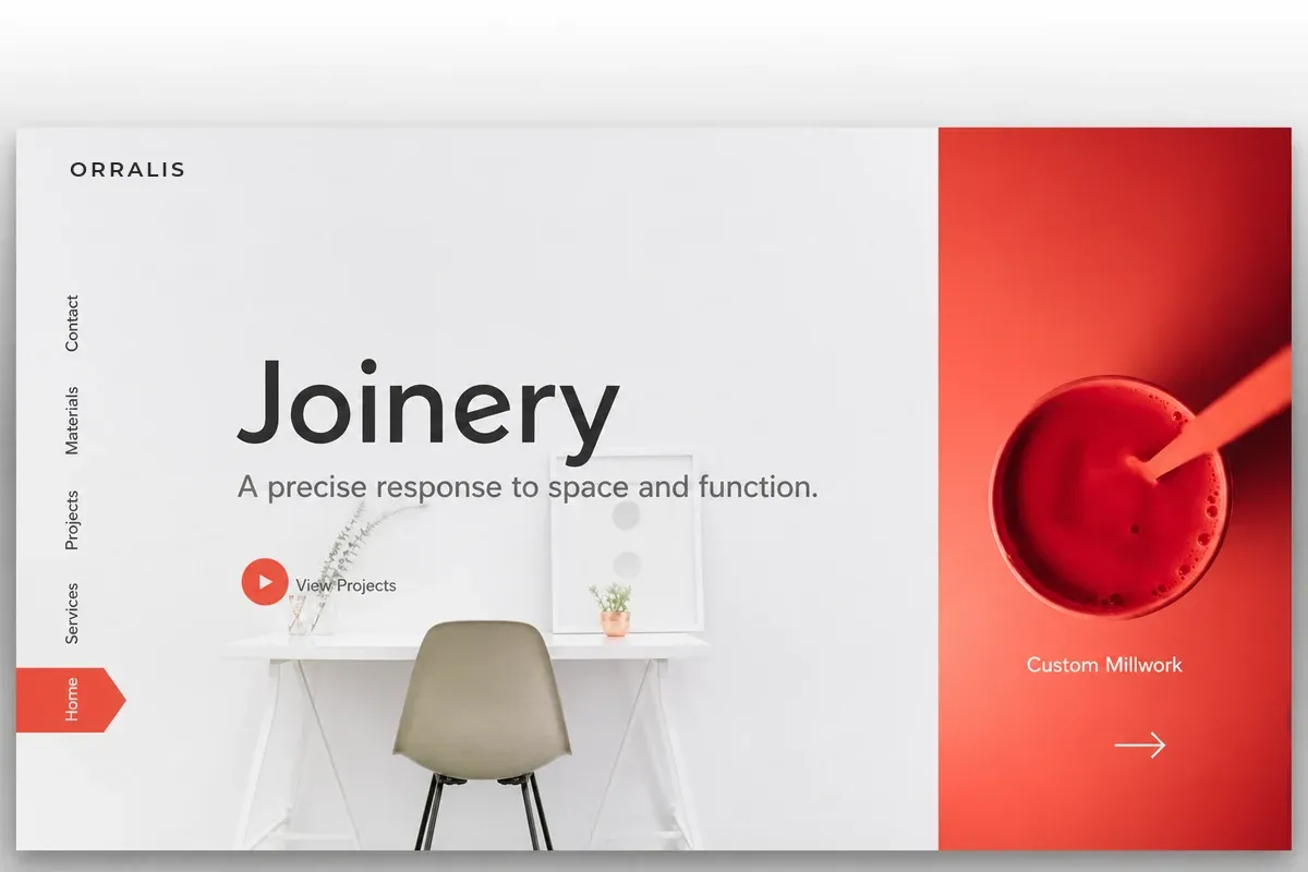 Website design concept for a joinery and millwork workshop — minimal white layout with a bold red panel