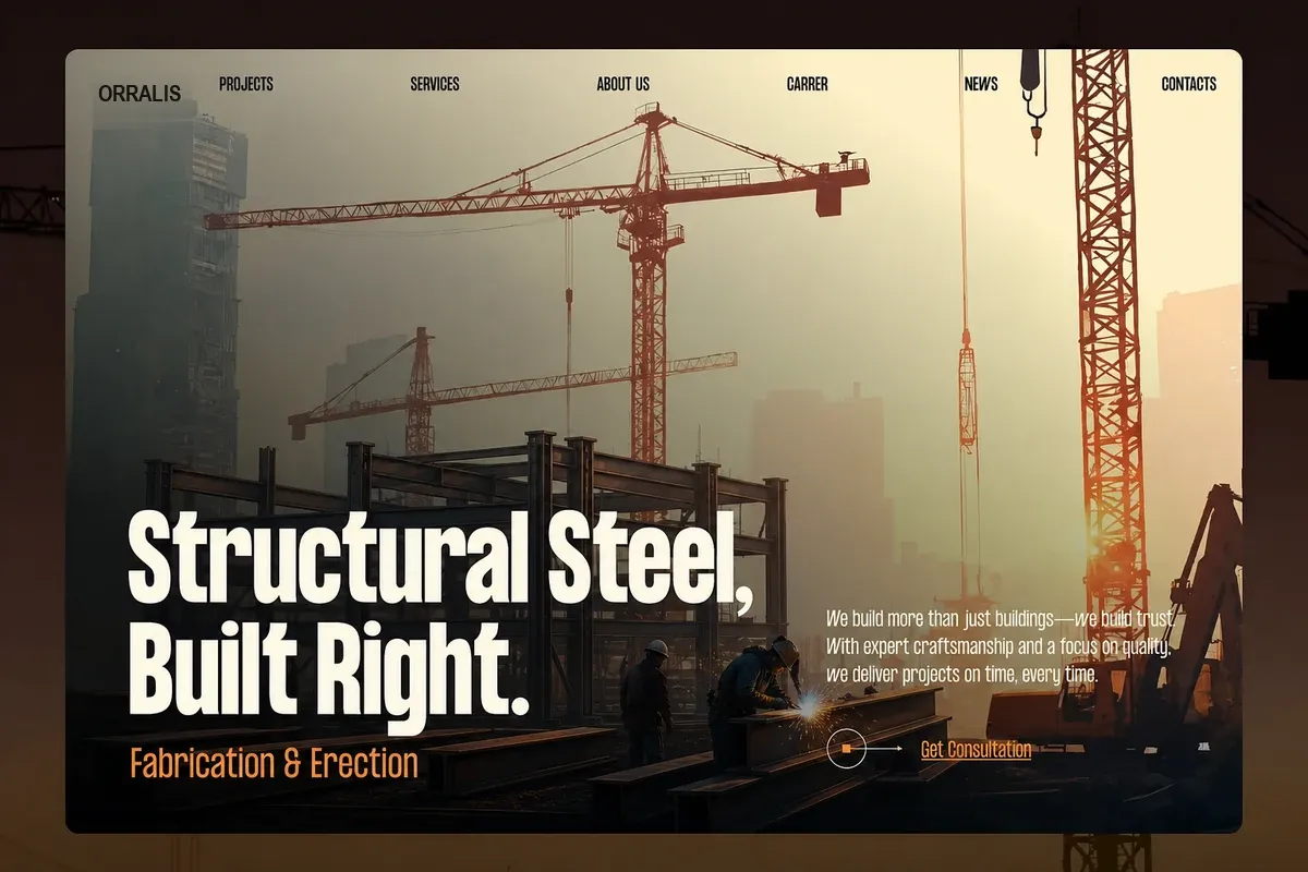 Website design concept for a structural steel fabricator — cinematic construction site in warm sepia tones