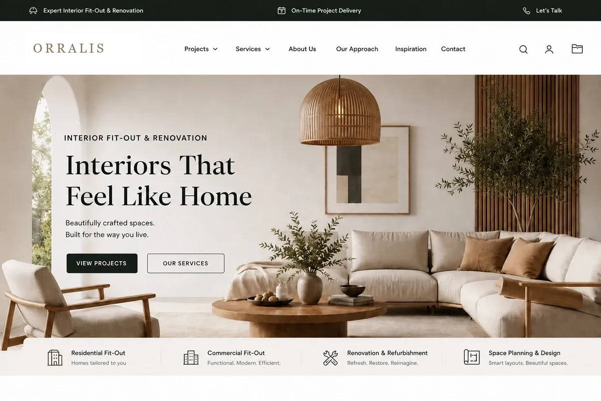Website design concept for an interior fit-out contractor — warm, light residential interior photography