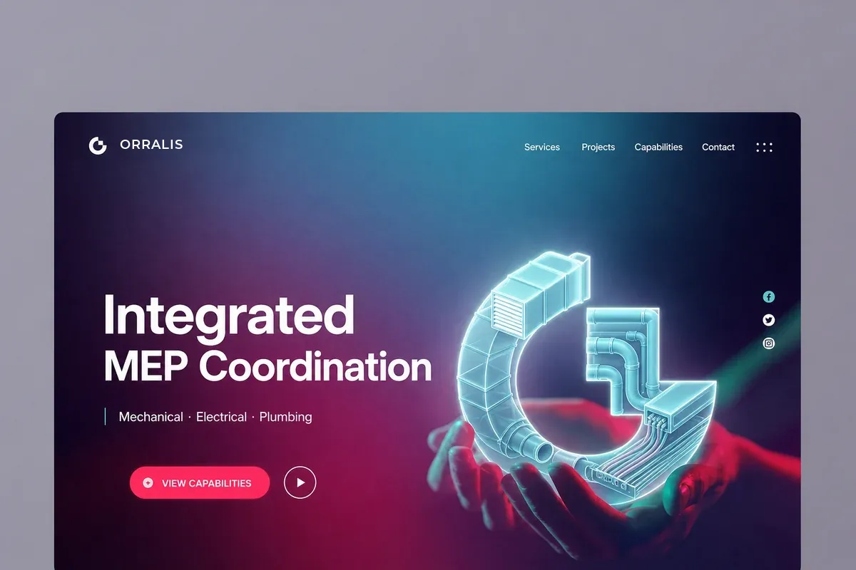 Website design concept for an MEP contractor — technical ductwork illustration on a magenta and teal gradient