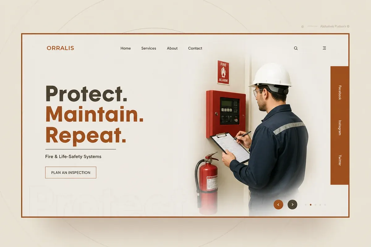 Website design concept for a fire and life-safety contractor — cream layout with burnt orange headings and an inspection photograph