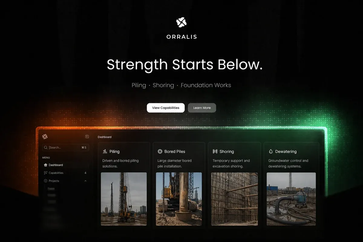 Website design concept for a piling and foundations contractor — near-black layout with a green-lit capabilities panel