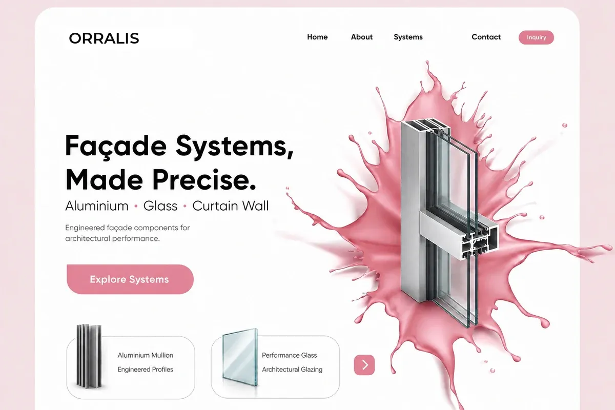 Website design concept for an aluminium and glass façade company — engineered curtain-wall profile on a pink splash