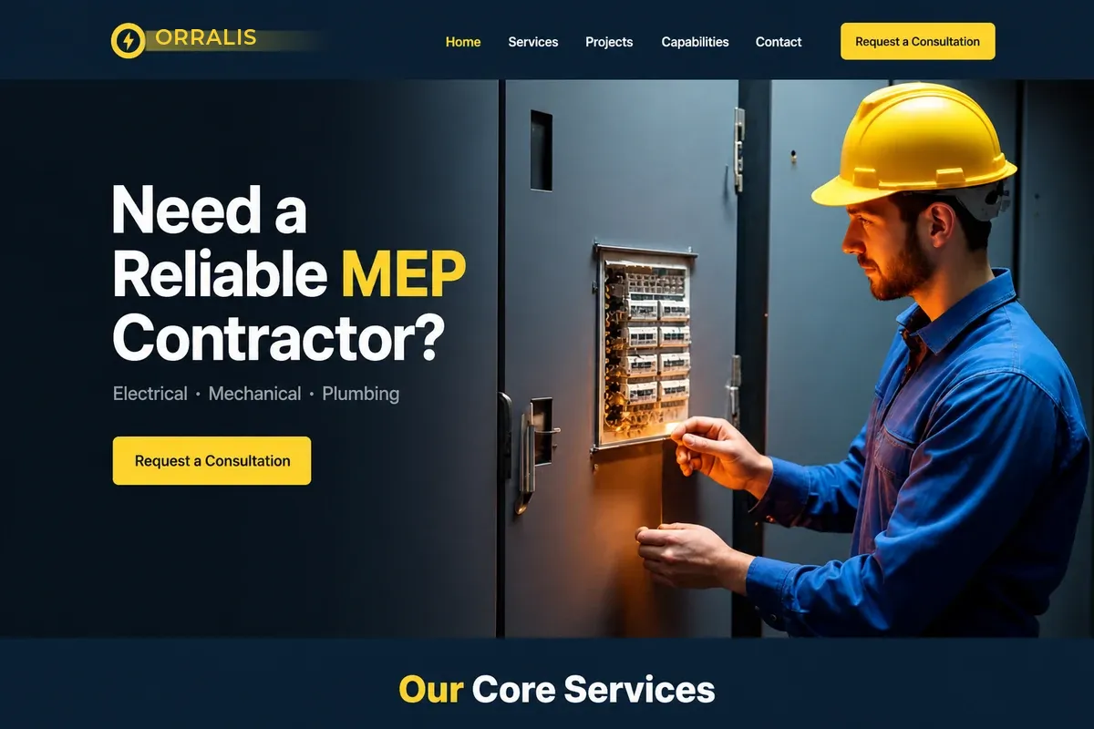 Website design concept for an electrical contractor — navy layout with yellow accents and a technician at a distribution board
