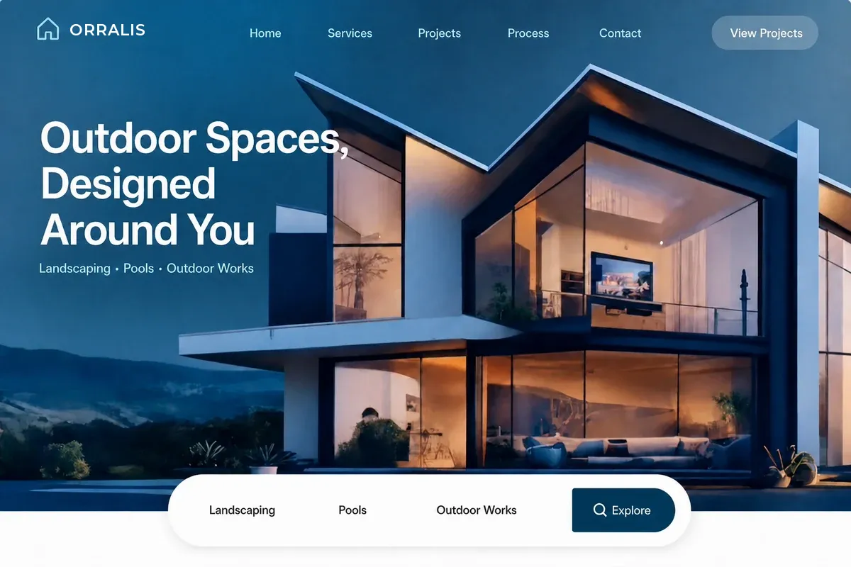 Website design concept for a landscaping and pools contractor — modern villa photographed at dusk in deep blues