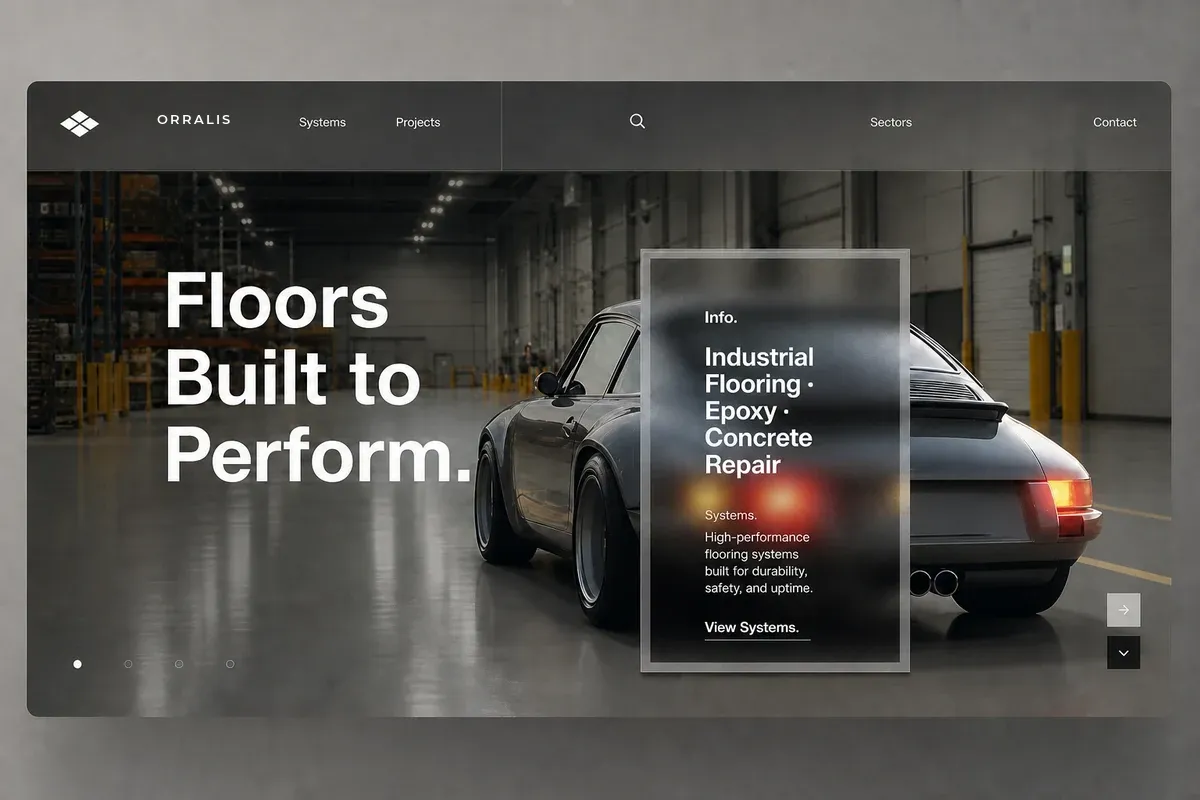 Website design concept for an industrial flooring specialist — dark warehouse interior with a polished epoxy floor