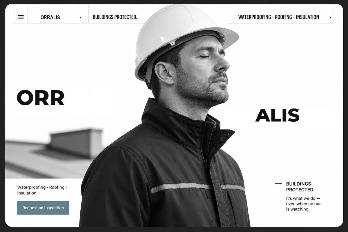 Website design concept for a roofing and waterproofing contractor — black and white editorial layout with an oversized wordmark