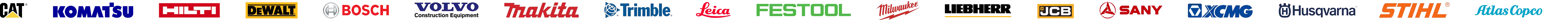 Logos of CAT, Komatsu, Hilti, DeWalt, Bosch, Volvo Construction Equipment, Makita, Trimble, Leica, Festool, Milwaukee, Liebherr, JCB, SANY, XCMG, Husqvarna, STIHL and Atlas Copco