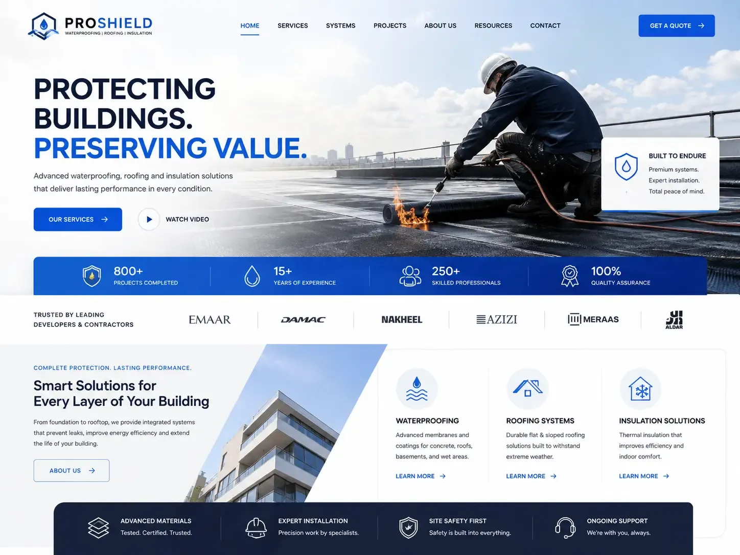 Proshield website concept — waterproofing / roofing / insulation homepage