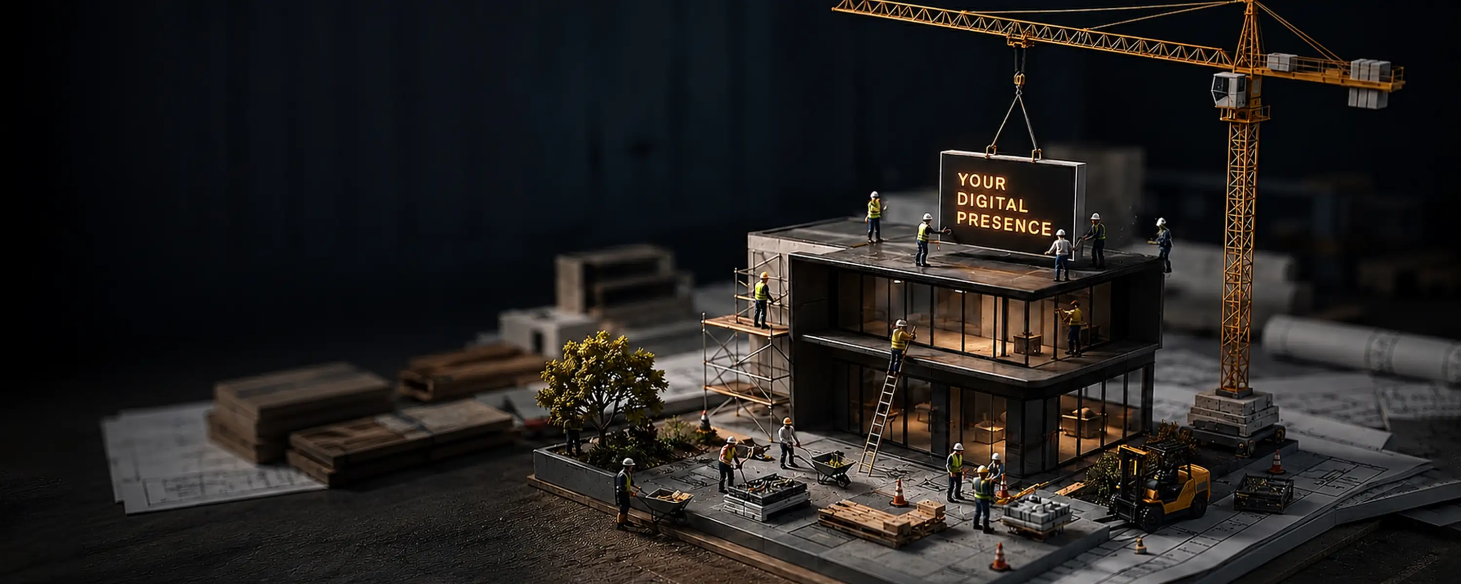 Miniature construction site: workers and a crane assembling a modern building while a sign reading “Your Digital Presence” is lifted into place